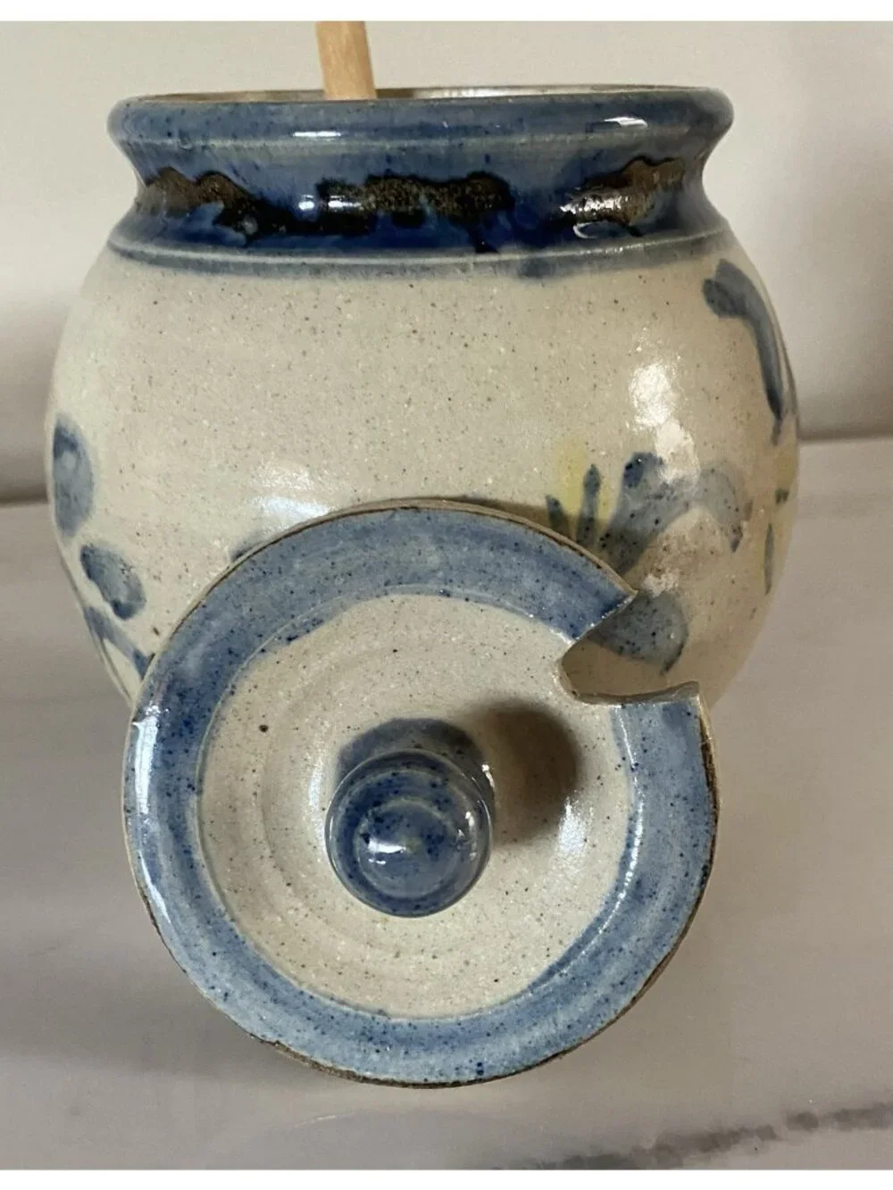 Mitchell Handmade Art Pottery Honey Pot Jar With Wood Dipper Signed
